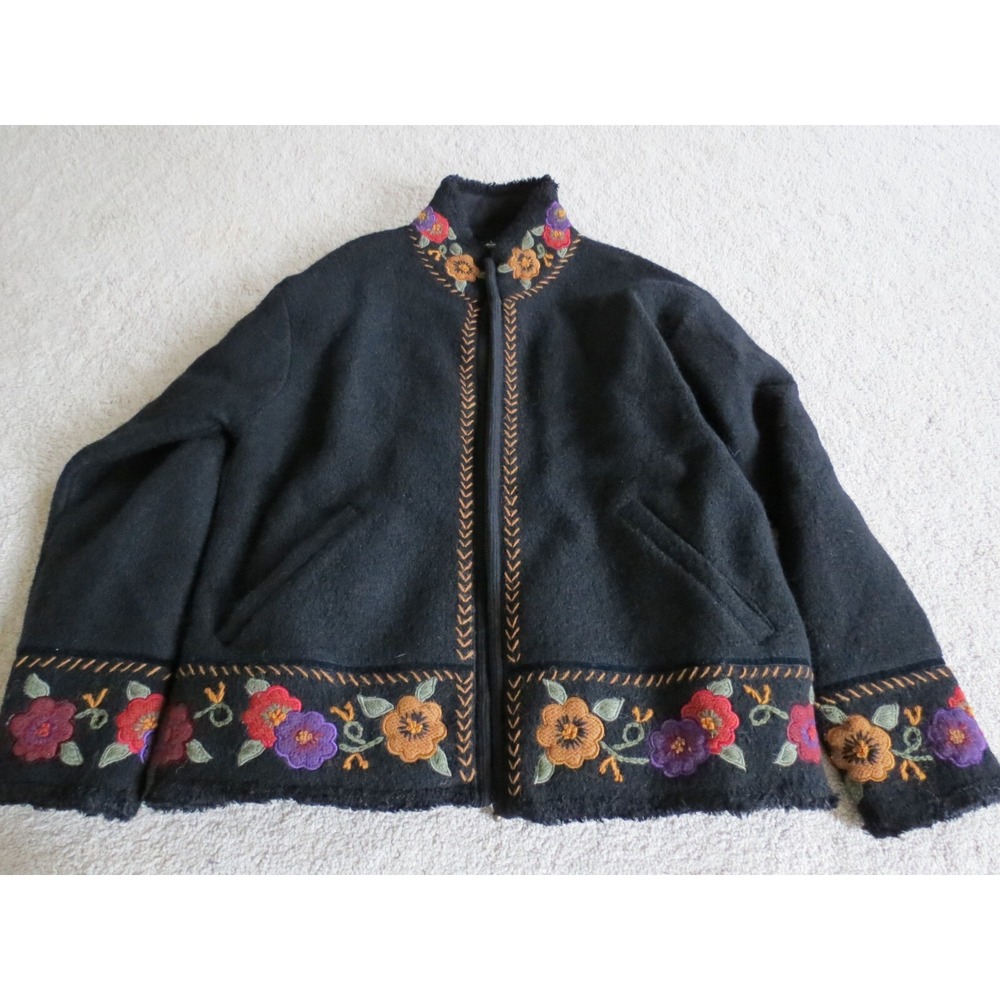 Icelandic Design Women Full Zip Wool Jacket Floral Embroidery Black Size Large